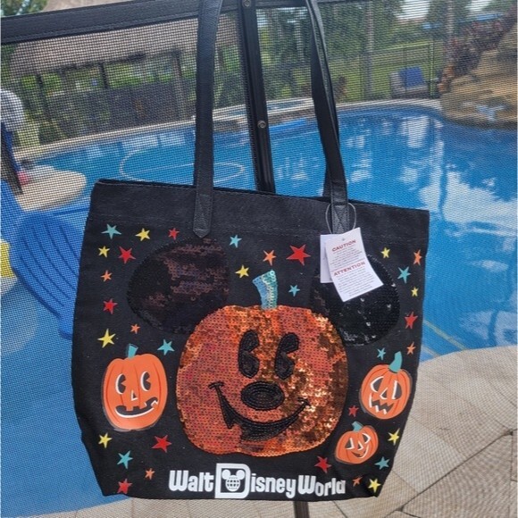 Disney World Halloween shoulder Tote Bag sequin Pumpkin Mouse black Disney Parks - Picture 1 of 6